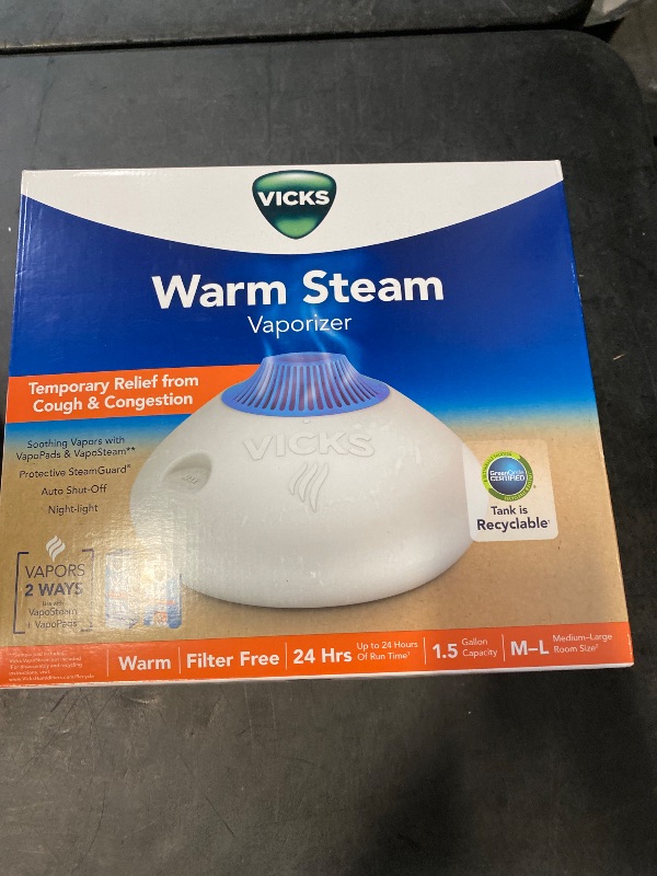 Photo 1 of Vicks Warm Steam Vaporizer, Small to Medium Rooms, 1.5 Gallon Tank – Warm Mist Humidifier for Baby and Kids Rooms with Night Light, Works with Vicks VapoPads and VapoSteam