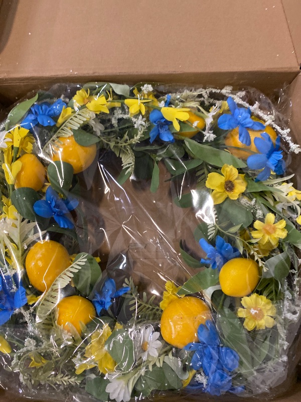 Photo 1 of 18" Lemon Wreath Spring and Summer Wreath for Front Door,Year Round Artificial Lemon Wreath with Colorful Flowers and Leaves, Home Farmhouse Porch Door Wall Wedding Festival Decor