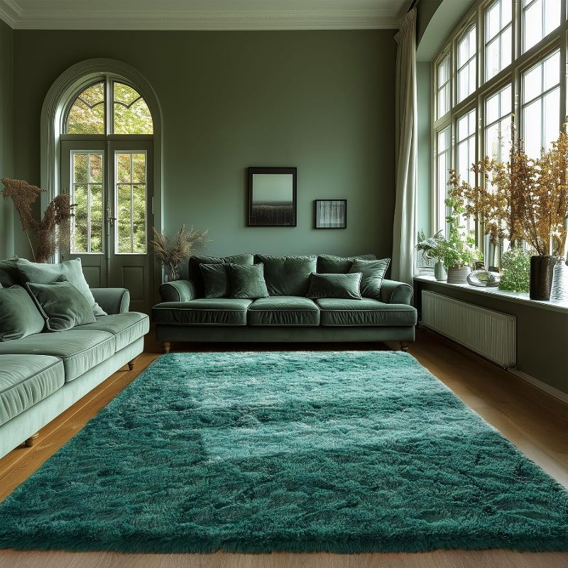 Photo 1 of Zentavio Dark Green Area Rugs for Living Room Emerald Green Rugs for Bedroom 9x12 Fluffy Fake Grass Large Carpet for Kids Room Playroom Furry Shag Aesthetic Soft High Pile Washable Home Decor