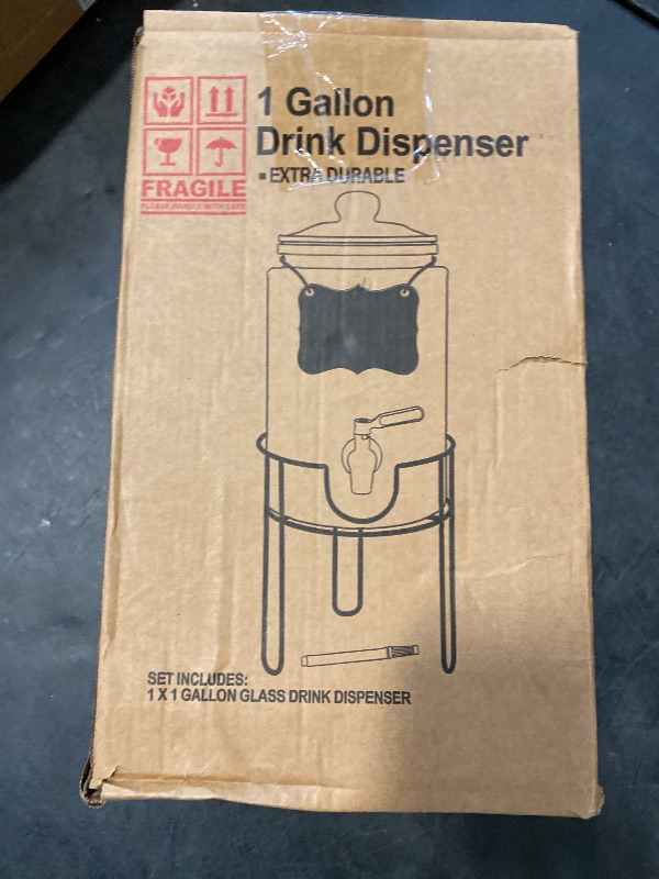 Photo 1 of Drink Dispensers for Parties 1 Gallon, Bevarage Dispenser with Stand,Glass Drink Dispenser With Stainless Steel Spigot + Marker & Chalkboard, Ideal for Lemonade,Juice, Tea, and Party Drinks