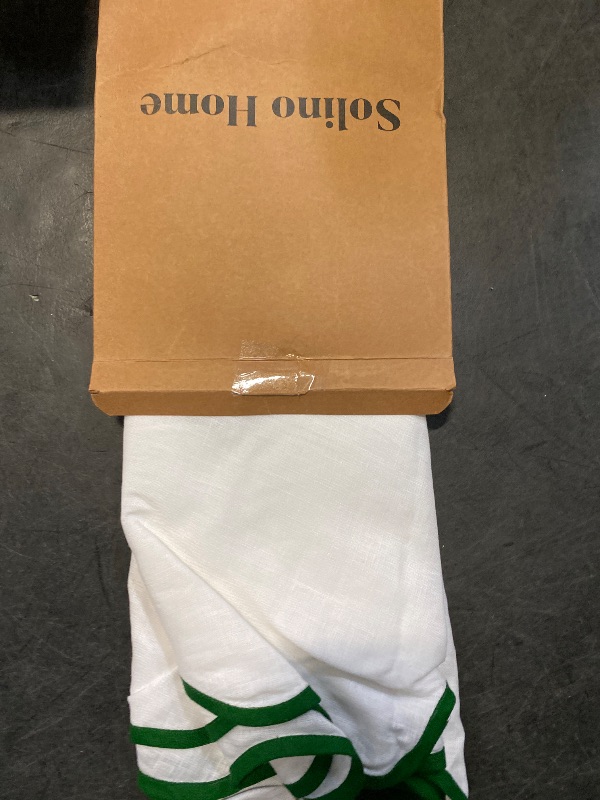Photo 1 of Solino Home Scallop Linen Napkins Set of 4-100% Pure Linen Garden Green and White Round Dinner Napkins Cloth 20 Inch - Giselle Scallop Edge, Handcrafted and Machine Washable Fabric