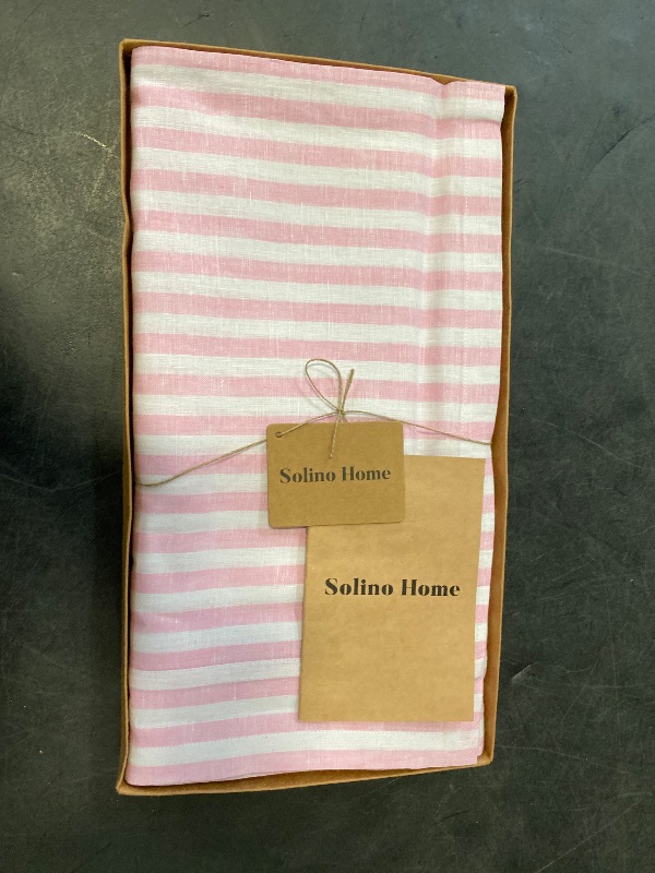 Photo 1 of Solino Home Linen Tablecloth 60 x 90 Inch - Amalfi Stripe 100% Pure Linen Cherry Blossom and White Table Cloth for Rectangle Tables - Machine Washable Fabric Tablecloth for Spring, Summer