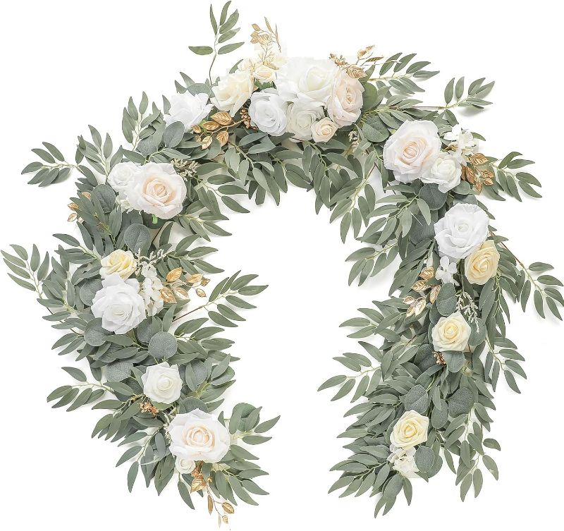 Photo 1 of Floroom 6ft Artificial Eucalyptus Garland with Flowers Fake Greenery Faux Floral Vine Garland for Table Decor Wedding Centerpieces Bridal Shower Party Decorations, Cream White