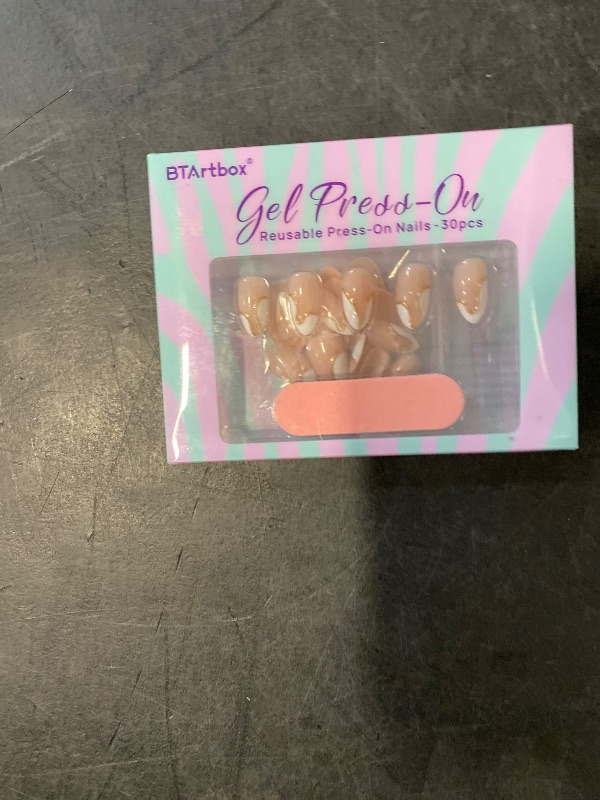 Photo 1 of BTArtbox Press On Nails Almond - Designed White French Tip Press On Nails Short with Gold Foil, Glue On Nails for Winter Day Gifts, Stick On Nails in 16 Sizes - 30 Nail Kit, Tiny Gloden