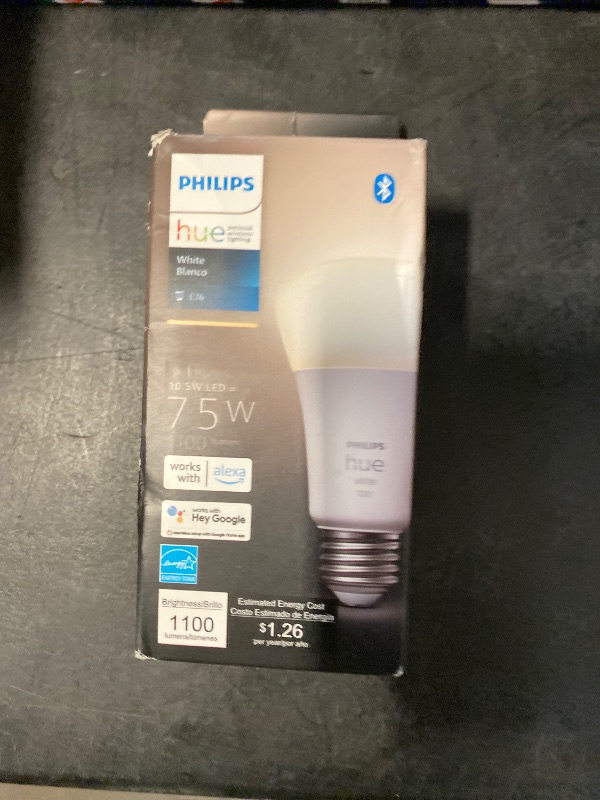 Photo 1 of Philips Hue Smart 75W A19 LED Bulb - Soft Warm White Light - 1 Pack - 1100LM - E26 - Indoor - Control with Hue App - Works with Alexa, Google Assistant and Apple Homekit
