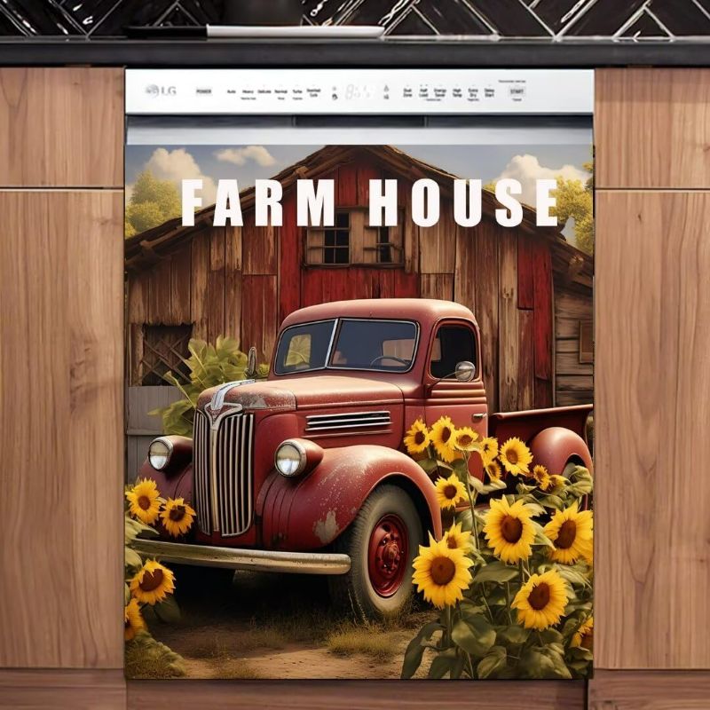 Photo 1 of Farmhouse Red Truck Magnetic Dishwasher Cover Decal, Farmhouse Sunflower Refrigerator Magnetic Skins Cover, Red Barn Vinyl Decor for Dishwasher, 23" x 26" Magnetic