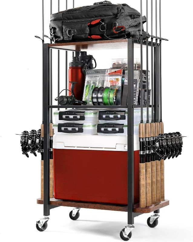 Photo 1 of Ghosthorn Fishing Rod Holders for Garage, Fishing Gear and equipment Rotating Tackle Storage Cart, Pole Rod Rack Hold up to 10 Rods, Fishing Gifts for Men, Brown