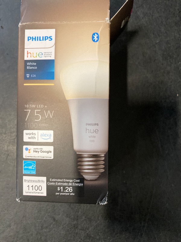Photo 1 of Philips Hue Smart 75W A19 LED Bulb - Soft Warm White Light - 1 Pack - 1100LM - E26 - Indoor - Control with Hue App - Works with Alexa, Google Assistant and Apple Homekit