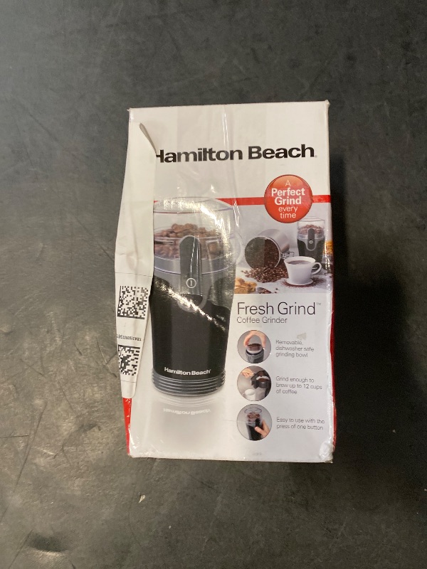 Photo 1 of Hamilton Beach Fresh Grind Electric Coffee Grinder for Beans, Spices and More, Stainless Steel Blades, Removable Chamber, Makes up to 12 Cups, Black