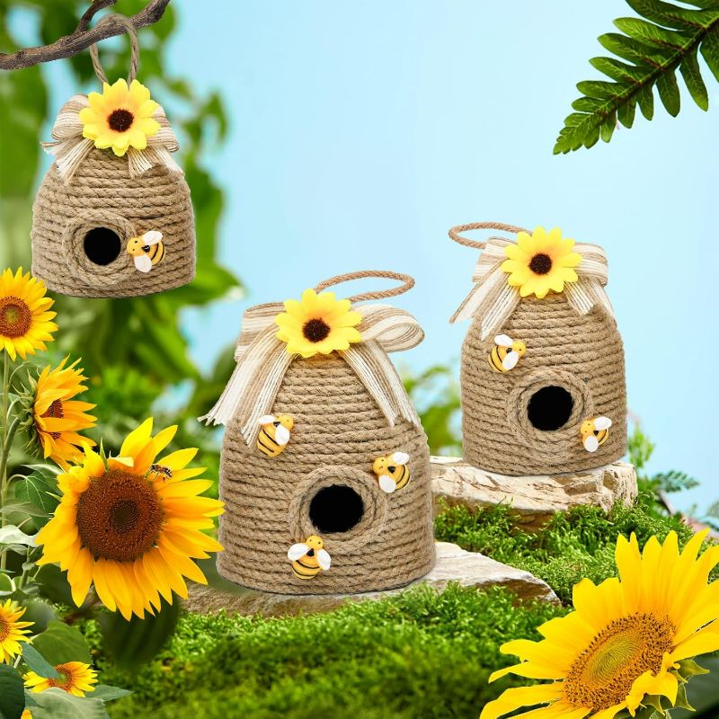 Photo 1 of Bee Hive Decor 3 Pack Farmhouse Bee Decorations, Rustic Bee Themed Home Decor, Spring Summer Bee Home Decor for Kitchen, Living Room, and Shelves, Sunflowers Decorations