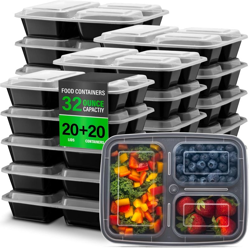 Photo 1 of 
Ez Prepa [20 Pack] 32oz 3 Compartment Meal Prep Containers with Lids - Bento Box - Plastic - Stackable, Reusable, Microwaveable & Dishwasher Safe
