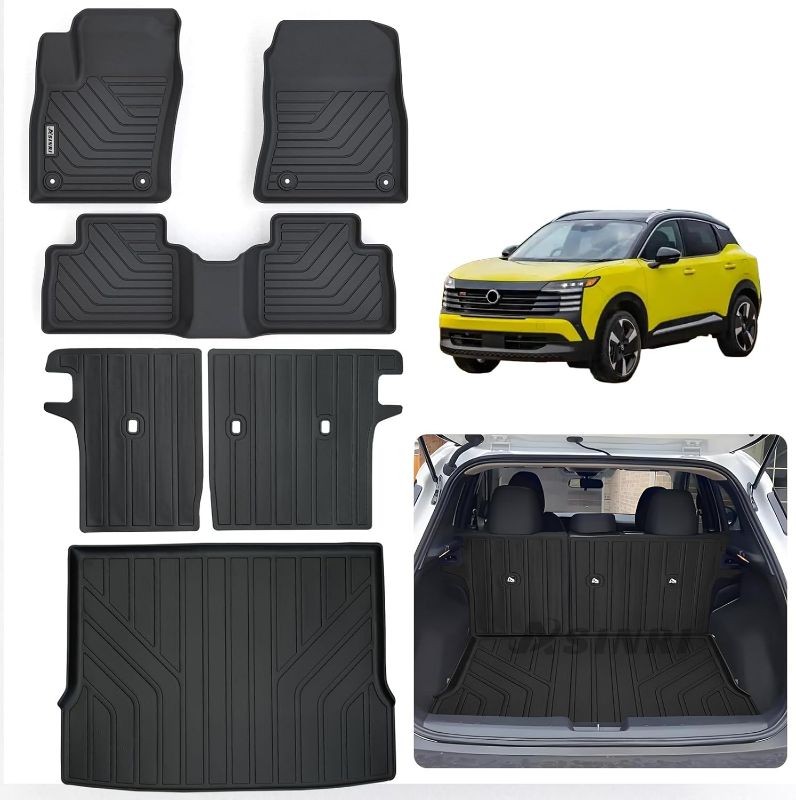 Photo 1 of Floor Mats & Trunk Mat & Backrest Mat for 2025 Nissan Kicks TPE All Weather Protection 2 Rows Car Floor Liners & Cargo Liners (Fit Upper Layer) with Velcro Rear Seats Backrest