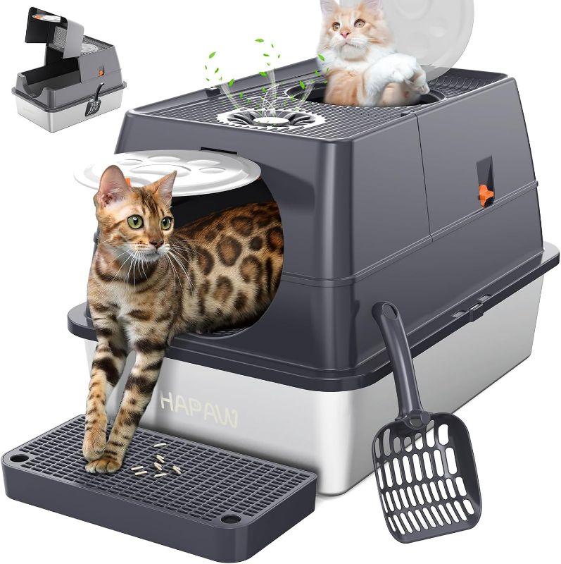 Photo 1 of 
Stainless Steel Litter Box with Lid, 135° Flip-Top Extra Large Cat Litter Pan, Enclosed Metal Litter Box with Litter Scoop & Filter Pedal, Anti-Leakage, Odor Free, Front & Top Dual Entry


