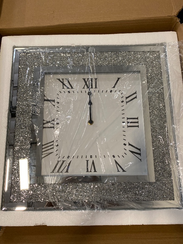 Photo 1 of Crystal Crush Diamond Mirrored Square Wall Clock with Sparkle Twinkle Bling Diamond Decor for Wall Decoration, 16x16 inch Decorative Silver Mirror Quartz Clock for Home Decor. AA Battery not included