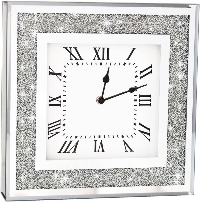 Photo 1 of Crystal Crush Diamond Mirrored Square Wall Clock with Sparkle Twinkle Bling Diamond Decor for Wall Decoration, 16x16 inch Decorative Silver Mirror Quartz Clock for Home Decor. AA Battery not included