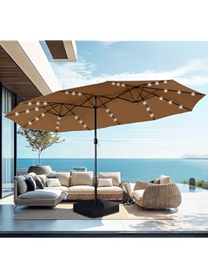 Photo 1 of PHI VILLA 15ft Large Patio Umbrella with Solar Lights, Double-Sided Outdoor Market Rectangle Umbrellas with 36 LED Lights, Umbrella Base (Stand) Included, Maillard Brown