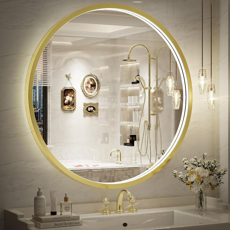 Photo 1 of 28 Inch Round LED Mirror for Bathroom,Gold Metal Frame Lighted Vanity Mirror,Wall Mounted Circle with Lights,6000K Anti-Fog & Dimmable Touch Switch, Waterproof IP54