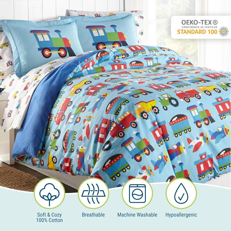 Photo 1 of Just the Blanket**  Wildkin Kids Cotton Full Duvet Cover – Soft & Breathable, Button Closure with Interior Corner Ties - Trains, Planes & Trucks