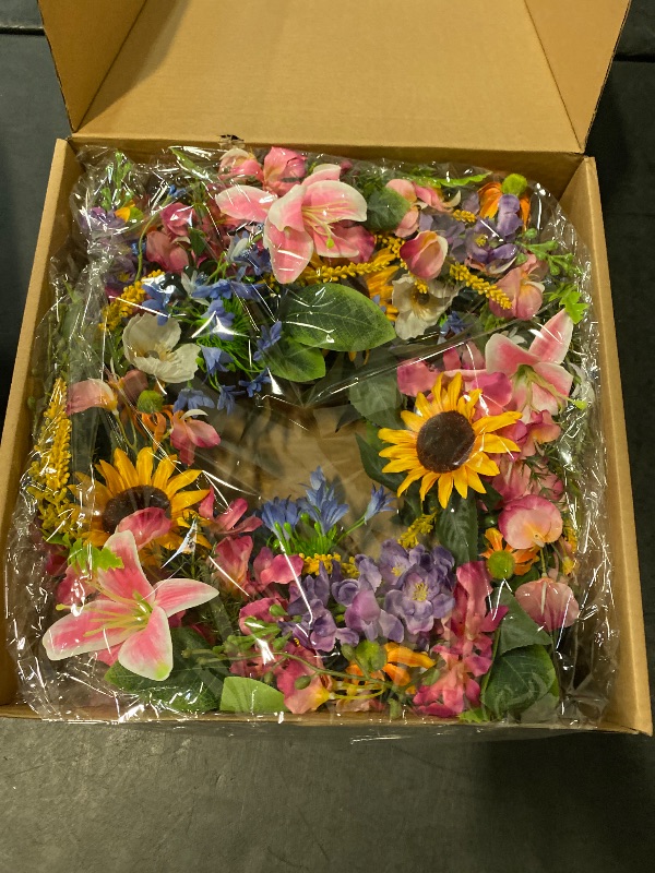 Photo 1 of 20-22 Inch Summer Spring Wreath Fake Silk Yellow Sunflowers Pink Lily Wild Flowers Floral Wreath with Green Fern Leaves for Front Door Window Wall Wedding Farmhouse Festival Décor