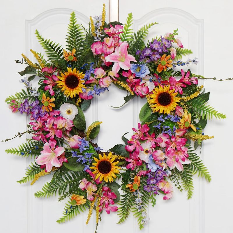 Photo 1 of 20-22 Inch Summer Spring Wreath Fake Silk Yellow Sunflowers Pink Lily Wild Flowers Floral Wreath with Green Fern Leaves for Front Door Window Wall Wedding Farmhouse Festival Décor