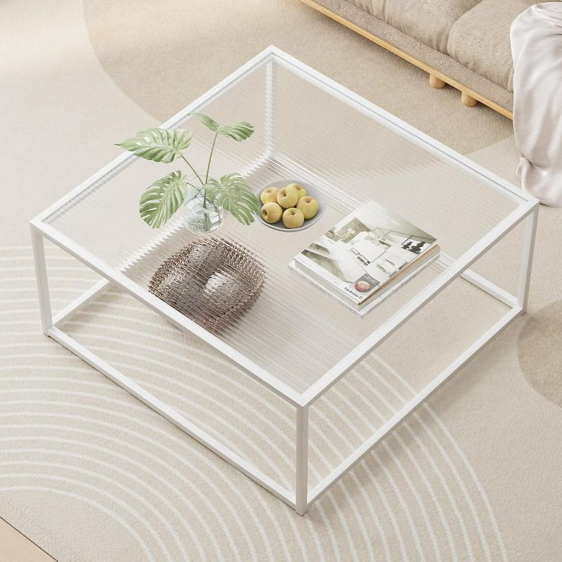 Photo 1 of Glass Coffee Table Square Coffee Table for Small Space,Modern Minimalist Center Table for Living Room Home Office,Tempered Glass-top with Sturdy Metal Frame,Easy Assembly,27 x 27In, White