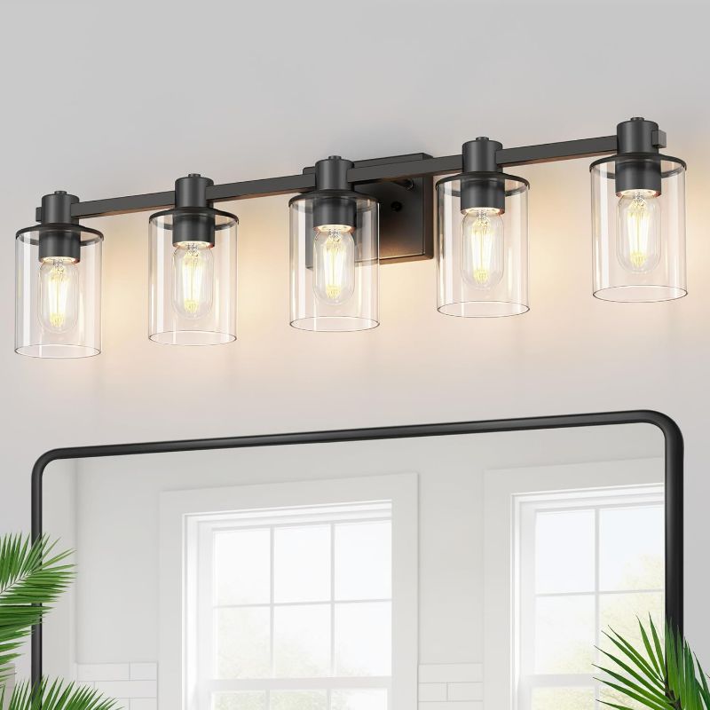Photo 1 of DORESshop 5-Light Udgraded Black Bathroom Light Fixtures, Modern Brushed Bathroom Lights Over Mirror with Clear Glass Shade,Vanity Lights for Bathroom