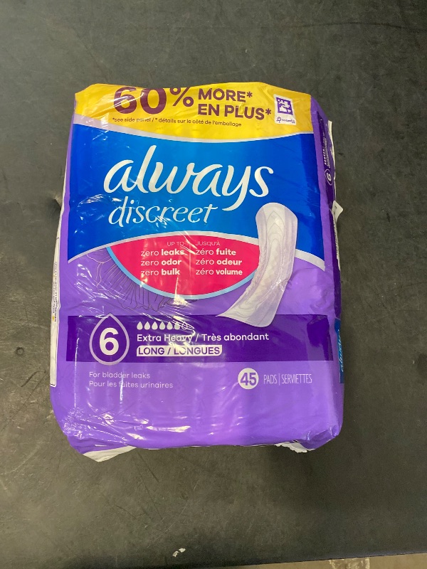 Photo 1 of Always Discreet Adult Incontinence Pads for Women, Extra Heavy Absorbency, Long Length, Postpartum Pads, 45 Count (Packaging May Vary)