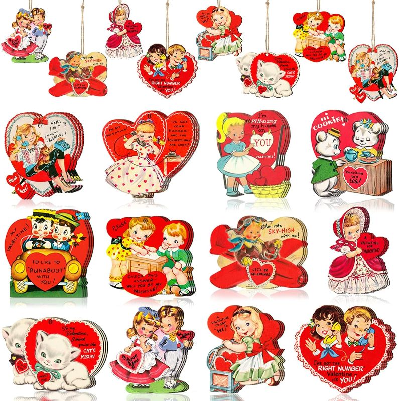 Photo 1 of 36Pcs Vintage Ornaments for Tree Decorations- Wooden Hanging Heart-Shaped Ornaments for Tree Decor Class Exchange Gifts Anniversary Birthday Party Supplies Favors