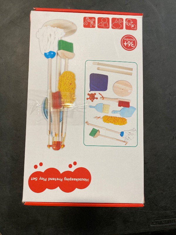 Photo 1 of HELLOWOOD Kids Cleaning Set, 8pcs Housekeeping Play Set Includes Broom Mop Duster Dustpan Brushes Rag and Organizing Stand, Cleaning Toys Gift for Toddlers Girls Boys Age 3-6, Solid Beech Wood