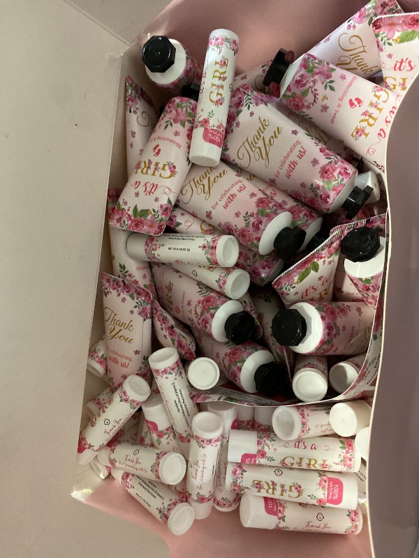 Photo 1 of 50 Pack Hand Cream Bulk and Lip Balm Bulk Gifts Sets, Baby Shower Favors and Bridal Shower Favors for Guests with Thank You Card and Organza Gift Bags, Thank You Gifts for Women (Oh Baby)