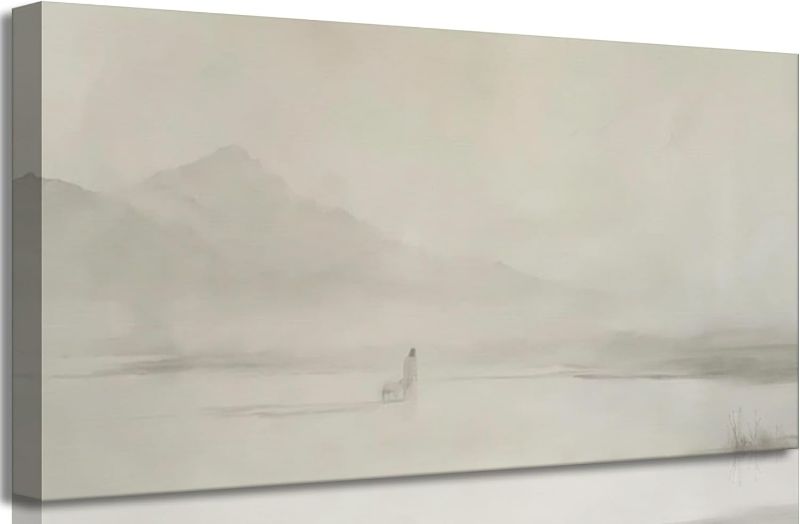Photo 1 of Jesus Leaves The 99 Sheep Canvas Wall Art Minimalist Beige Abstract Print Lost Sheep Wall Decor Picture Bible Stories artwork Christian Faith Painting for living room Home Church Decoration,24x12in