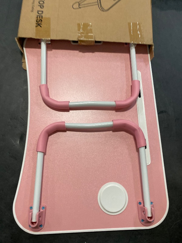 Photo 1 of Foldable Laptop Table, Portable Lap Desk Bed Table Tray, Laptop Stand with Cup Holder & Tablet Slot & Lifting Handle for Working Writing Drawing & Eating (Pink)
