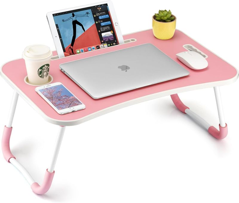 Photo 1 of Foldable Laptop Table, Portable Lap Desk Bed Table Tray, Laptop Stand with Cup Holder & Tablet Slot & Lifting Handle for Working Writing Drawing & Eating (Pink)