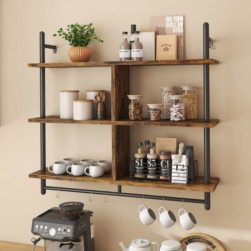 Photo 1 of Bestier Floating Pipe Shelving Kitchen Shelves Wall Mounted 3 Tier 41.5" Ladder Coffee Bar Shelf Hanging with Circular Tube, Display Bookshelf Storage for Living Room Kitchen, Rustic Brown