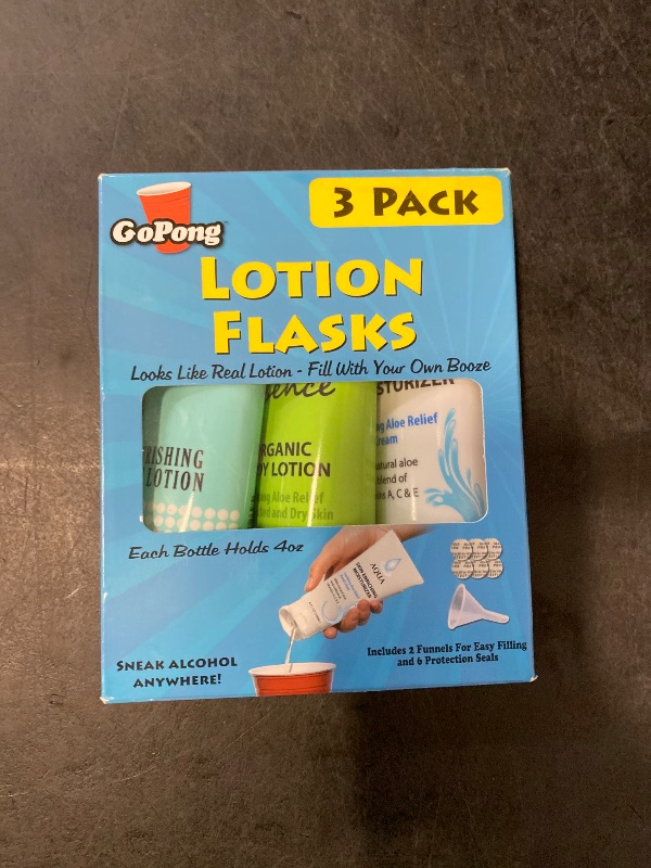 Photo 1 of GoPong Lotion Flask 3 Pack (12 oz Total) - Hidden Alcohol Travel Flasks – Secret Liquor Containers for Beaches, Cruises, and Sports Events – Includes Funnel & Spout