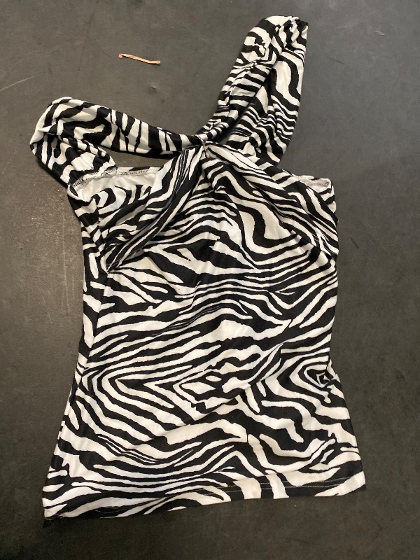 Photo 1 of WDIRARA Women's Zebra Print Sleeveless Ruched Halter Top Sexy Slim Fit Tank Top Clubwear Black and White X-Large