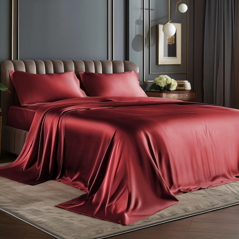 Photo 1 of BEDELITE California King Sheets Set, Luxury Soft Burgundy Satin Sheets for Hair and Skin, Similar to Silk Bed Sheets Set 4 Pieces with 1 Deep Pocket Fitted Sheet, 1 Flat Sheet, and 2 Pillowcases