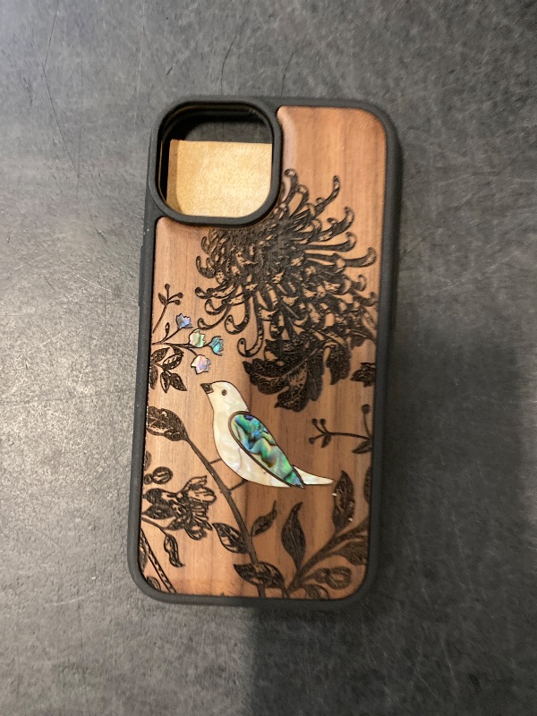 Photo 1 of Carveit Designer Wooden Protective Case for iPhone 12 Mini Magnetic Cover [Wood Engraving & Shell Inlay] Compatible with 12 Mini MagSafe (Flowers and Bird-Cherry)