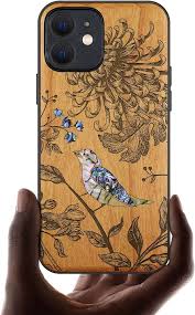 Photo 1 of Carveit Designer Wooden Protective Case for iPhone 12 Mini Magnetic Cover [Wood Engraving & Shell Inlay] Compatible with 12 Mini MagSafe (Flowers and Bird-Cherry)