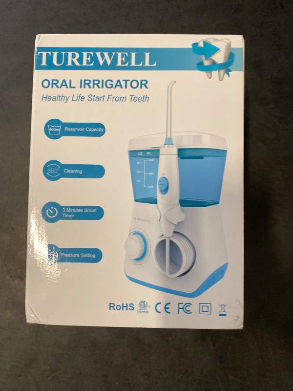 Photo 1 of TUREWELL Water Flossing Oral Irrigator, 600ML Dental Cleaner 10 Adjustable Pressure, Electric Oral Flosser for Teeth/Braces, 8 Replacement Jet Tips for Family (White)