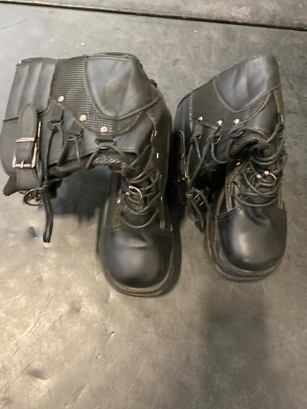 Photo 1 of mikarka Womens Holographic Platform Mid Calf Combat Boots Lace Up Wedge Heel Studded Goth Knee High Boots