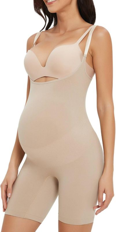 Photo 1 of Women's Maternity Bodysuit Pregnancy Shapewear Shorts Bump Support Bustless Adjustable Straps Romper Jumpsuit Nude Size S