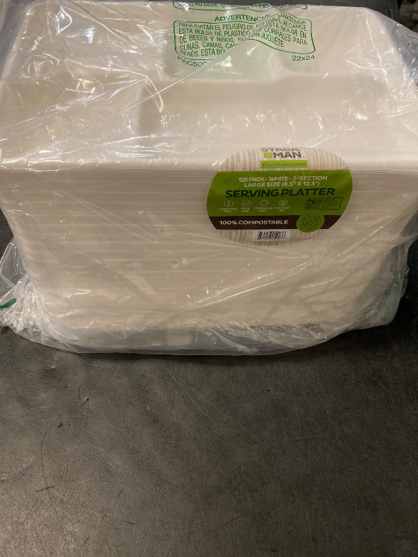 Photo 1 of 100% Compostable, Large 5 Compartment, Disposable Tray [125-Pack] - [12.5 Inch] Heavy Duty Biodegradable Bagasse Sectional Lunch Trays + Dividers - Divided Platter - (PFAS Free) (BPA Certified)