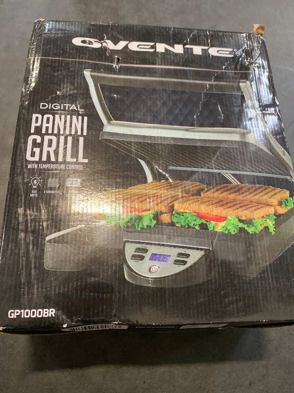 Photo 1 of OVENTE Electric Panini Press Sandwich Maker, 1500W Indoor Grill with Nonstick Coated Plates, Digital Temperature and Timer Display, Removable Drip Tray, Perfect for 4-Slice Sandwiches, Silver GP1000BR