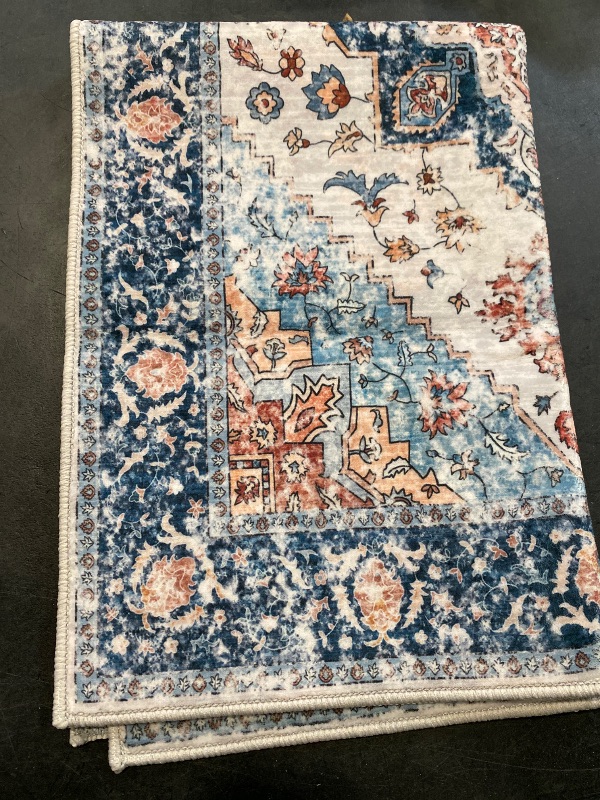 Photo 1 of SERISSA Boho Rugs for Entryway, 2x3 Entryway Rug Non-Slip Washable Small Area Rug, Ultra Soft Oriental Vintage Low-Pile Indoor Door Mat Blue Orange Floor Carpet for Entrance Bedroom Kitchen Bathroom