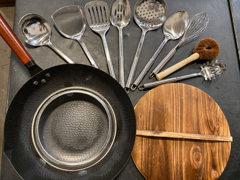Photo 1 of Leidawn 12.8" Carbon Steel Wok-11Pcs Woks & Stir Fry Pans Wok Pan with Lid, No Chemical Coated Chinese Woks with 10 Cookware Accessories, Flat Bottom Wok for Electric, Induction,Gas Stoves