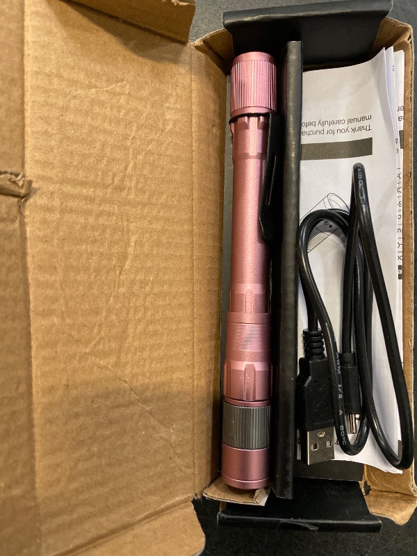 Photo 1 of EverBrite Pen Light, Rechargeable Pen Flashlights, 300 Lumens Zoomable LED Small Flashlight with Clip, Memory Function, USB-C Cable Included, Pocket Size for Camping, Emergency, Mechanic, Pink