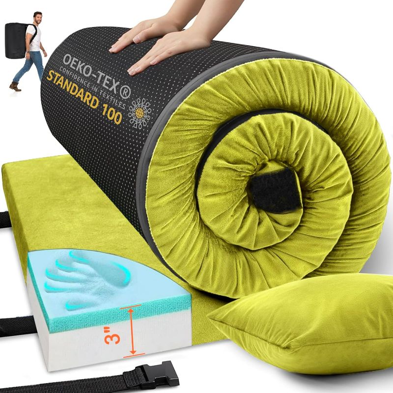Photo 1 of Memory Foam Camping Mattress Sleeping Pad, 3" Thick Waterproof Portable Roll Up Sleeping Mats & Floor Mattress Pad with Pillow + Travel Bag for Camping Car Truck SUV Tent Sleepover Kids Adult
