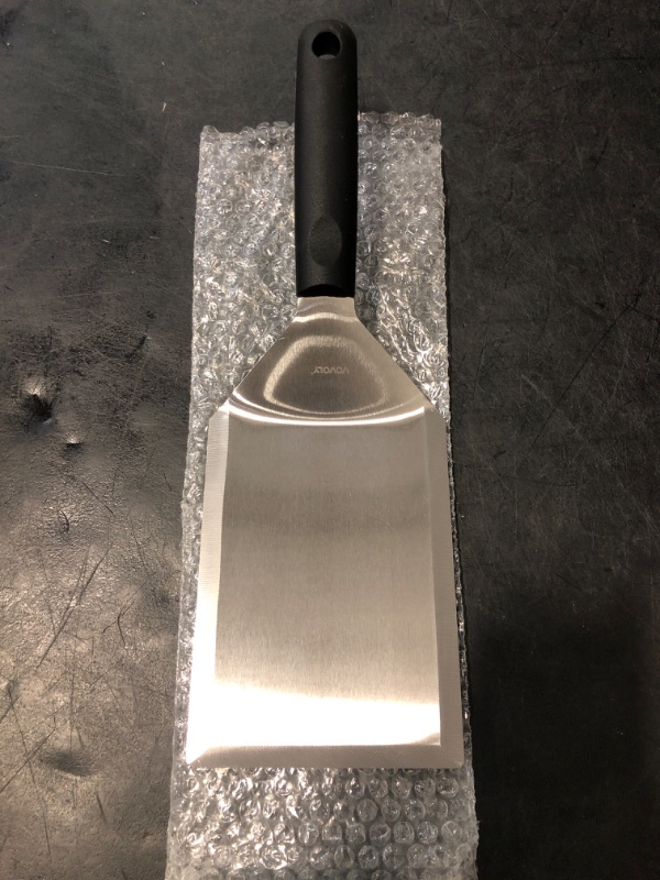 Photo 1 of Extra Wide Metal Spatula with Full Tang Silicone Handle & Beveled Edges - 6 x 5-inches, Perfect for Skillets, Griddles & Grills, Pancake Flipper & Burger Turner