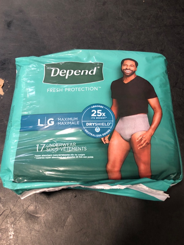 Photo 1 of Depend Fresh Protection Adult Incontinence Underwear for Men, Disposable, Maximum, Large, Grey, 17 Count, Packaging May Vary